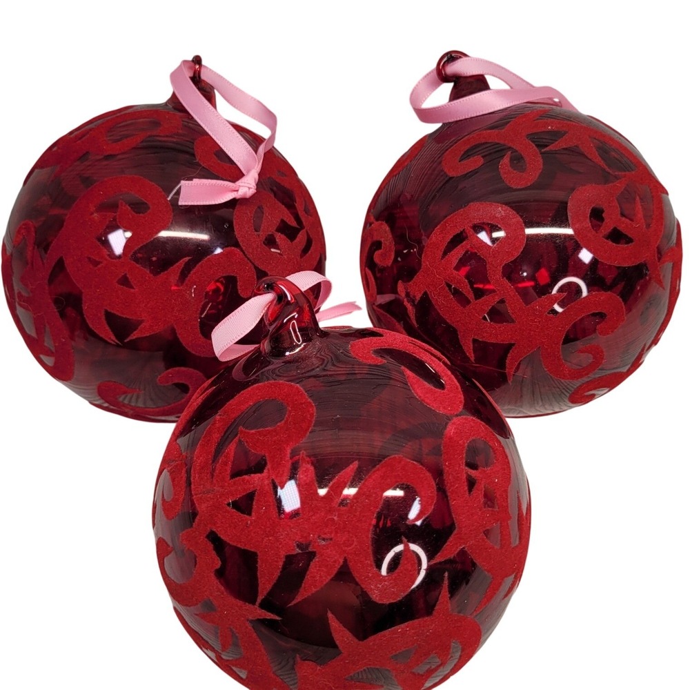 3 Red Glass Christmas Tree Ornament Velvet Flocked Scroll Design Hand Blown Art